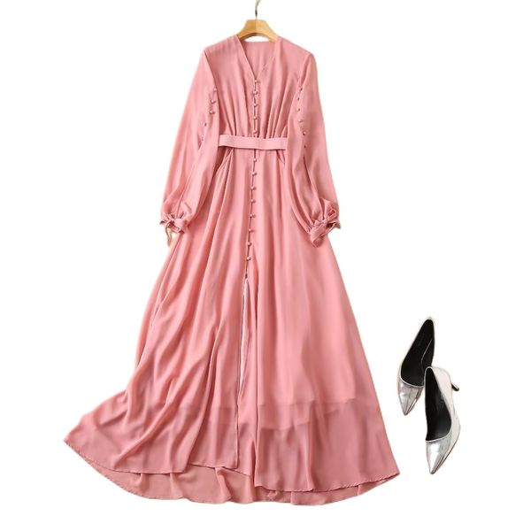 temperament new lady pink v-neck long sleeve retro chiffon dress, Black;gray
temperament new lady pink v-neck long sleeve retro chiffon dress, Black;gray