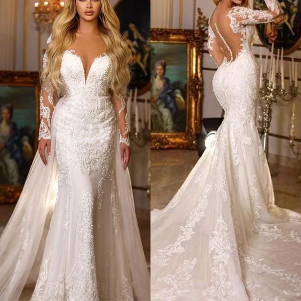 elegant mermaid wedding dresses deep v neck long sleeves appliques lace bridal gowns custom made button back sweep train vestidos de novia, White
elegant mermaid wedding dresses deep v neck long sleeves appliques lace bridal gowns custom made button back sweep train vestidos de novia, White