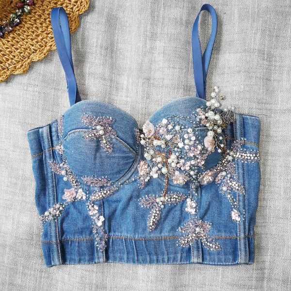 

order heavy industry denim studded beads sling body shaping exposed umbilical spice girl stage fish bones bust girl, Black