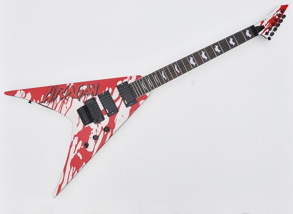 white v electric guitar with blood sticker floyd rose rosewood fingerboard 24 frets can be customized as request
white v electric guitar with blood sticker floyd rose rosewood fingerboard 24 frets can be customized as request