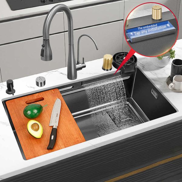 black nano kitchen sink 304 stainless steel waterfall sink basin large single bowl with multifunction touch waterfall faucet
black nano kitchen sink 304 stainless steel waterfall sink basin large single bowl with multifunction touch waterfall faucet