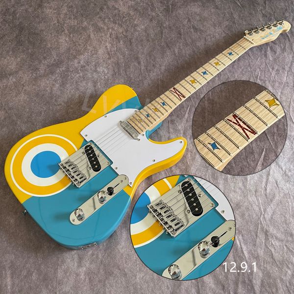 electric guitar yellow blue multi color with circel decal own designed inlay and logo chrome parts
electric guitar yellow blue multi color with circel decal own designed inlay and logo chrome parts