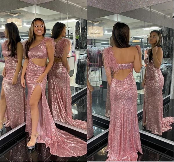 

2023 rose pink sequined tulle prom dresses with slit feathers one shoulder trumpet evening special occasion dress formal cocktail party gown, Black