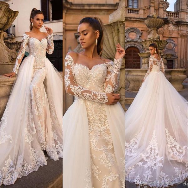 2023 champagne blush pink mermaid wedding dresses sweetheart long sleeves full lace appliques beaded with tulle detachable train overskirts, White
2023 champagne blush pink mermaid wedding dresses sweetheart long sleeves full lace appliques beaded with tulle detachable train overskirts, White