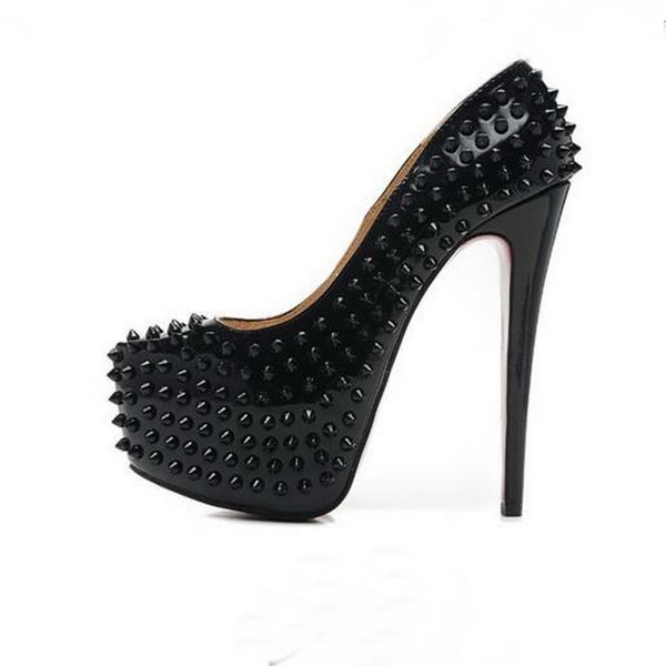 size 34-45 women's 16cm high heels shoes fashion platform heel black patent leather spikes studded luxury red bottom pumps ladies desig