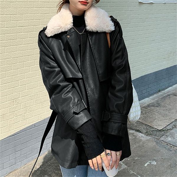 women's fur leather coat winter jacket women 2022 fall lamb wool warm locomotive with sashes korean fashion pu outwear, Black
women's fur leather coat winter jacket women 2022 fall lamb wool warm locomotive with sashes korean fashion pu outwear, Black