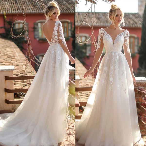 deep v neck bridal dresses long sleeves lace appliques wedding gowns for women backless vestidos de noiva mariage customized, White
deep v neck bridal dresses long sleeves lace appliques wedding gowns for women backless vestidos de noiva mariage customized, White