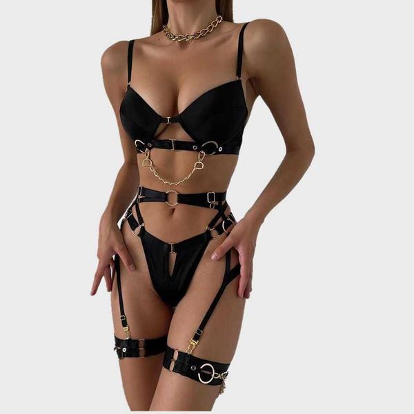 and fashionable metal chain motorcycle accessories solid color four piece set front open button underwear set, Red;black
and fashionable metal chain motorcycle accessories solid color four piece set front open button underwear set, Red;black