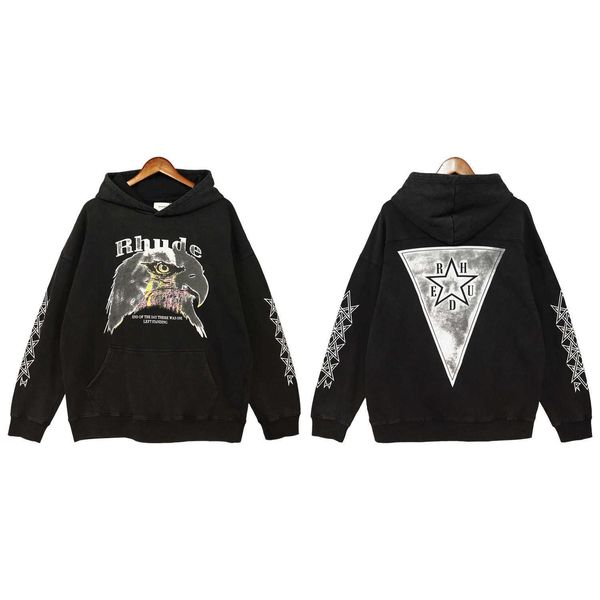 men's clothing autumn and winter new rhude design eagle slogan hand sleeves five star print washed hoodie, White;black
men's clothing autumn and winter new rhude design eagle slogan hand sleeves five star print washed hoodie, White;black