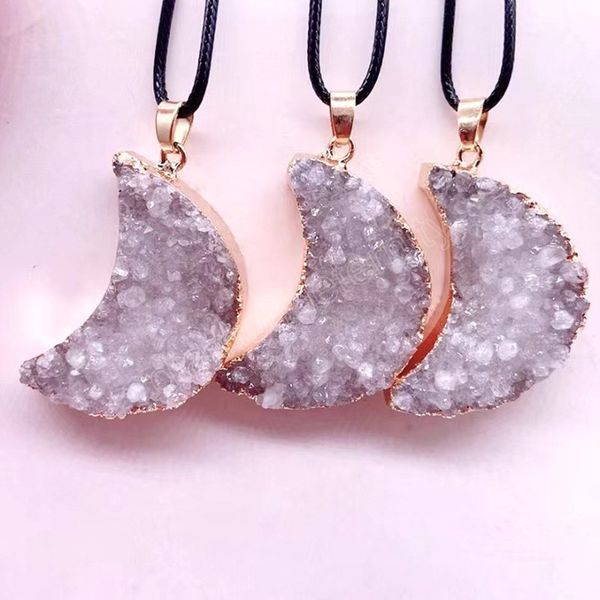 coated moon shape natural stone necklace gold color crystal pendant necklaces with pu chain, Silver
coated moon shape natural stone necklace gold color crystal pendant necklaces with pu chain, Silver