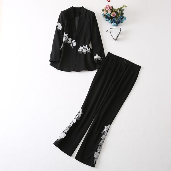 women's two piece pants heavy industry embroidered suit collar waist closing coat high waist flared trousers, White
women's two piece pants heavy industry embroidered suit collar waist closing coat high waist flared trousers, White