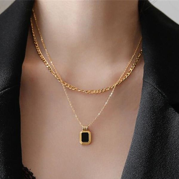 fashion punk 316l titanium steel designer necklace woman black square pendant 18k gold plated double cuban link chain choker womens necklace, Silver
fashion punk 316l titanium steel designer necklace woman black square pendant 18k gold plated double cuban link chain choker womens necklace, Silver