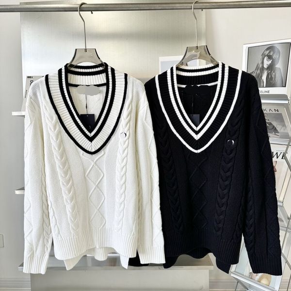 designer women's sweater chic embroidered stripes against colors twisted rope v-neck knit preppy, White;black
designer women's sweater chic embroidered stripes against colors twisted rope v-neck knit preppy, White;black