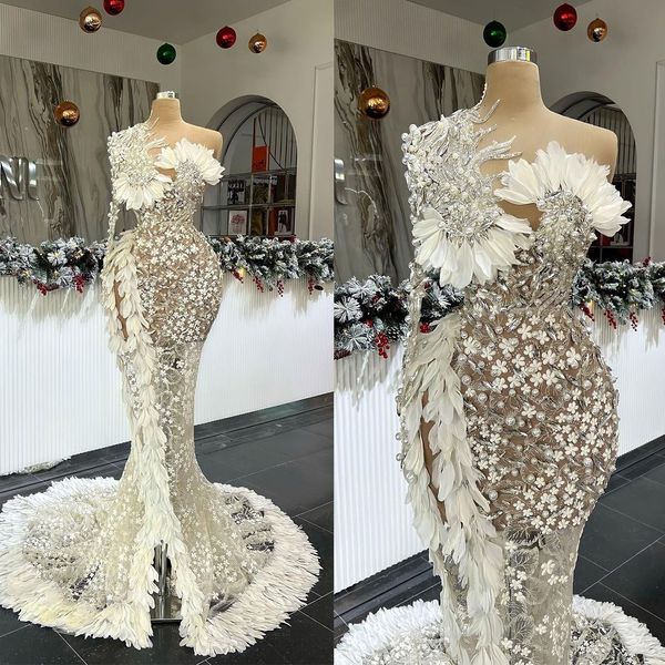 luxury one shoulder mermaid wedding dresses feather pearls lace applique vestido de noiva custom made bridal dress, White
luxury one shoulder mermaid wedding dresses feather pearls lace applique vestido de noiva custom made bridal dress, White
