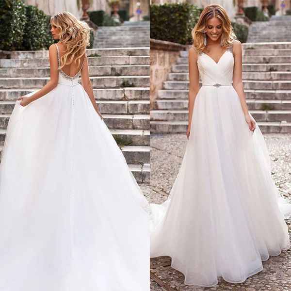 v neck crystal spaghetti wedding dress 2022 a line sleeveless backless bridal gowns, White
v neck crystal spaghetti wedding dress 2022 a line sleeveless backless bridal gowns, White