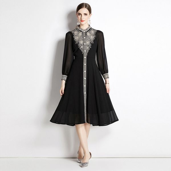 fashion elegant women chiffon dresses stand collar long sleeve golden lines embroidery vestidos lady street leisure dress, Black;gray
fashion elegant women chiffon dresses stand collar long sleeve golden lines embroidery vestidos lady street leisure dress, Black;gray