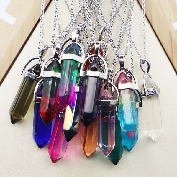 rainbow glass hexagonal column point pendant black cord necklace cylindrical charms minerals healing crystal jewelry, Silver
rainbow glass hexagonal column point pendant black cord necklace cylindrical charms minerals healing crystal jewelry, Silver