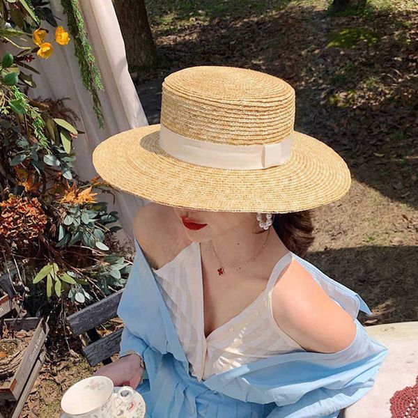 beanie/skull caps summer female natural stiff wheat straw boater fedora flat hat women beach brim cap raffia sun hat for women jazz panama t, Blue;gray
