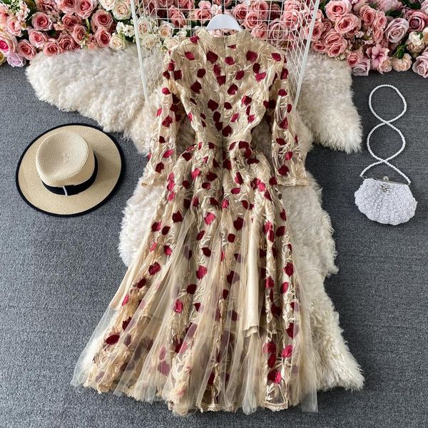 

Casual Dresses Women Boho Dress Spring Lace Embroidery 2022 Luxury Vintage Elegant High Waist Runway Long Sleeve A-line Party Autumn, The picture color