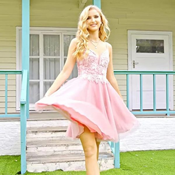 2023 spaghetti straps lace a line homecoming dresses tulle applique knee length short prom party cocktail dresses, Blue;pink
2023 spaghetti straps lace a line homecoming dresses tulle applique knee length short prom party cocktail dresses, Blue;pink