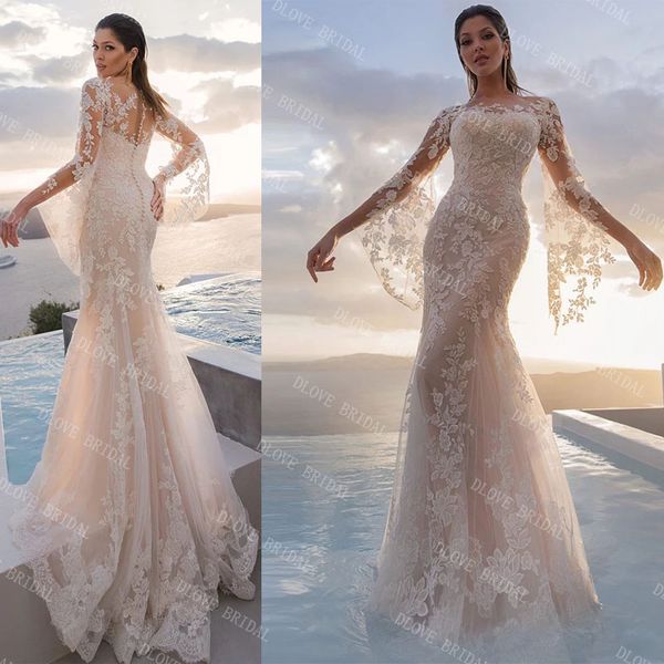 real image long flare sleeve lace mermaid wedding dress 2022 sheer o neck gorgeous bridal gown custom made, White
real image long flare sleeve lace mermaid wedding dress 2022 sheer o neck gorgeous bridal gown custom made, White