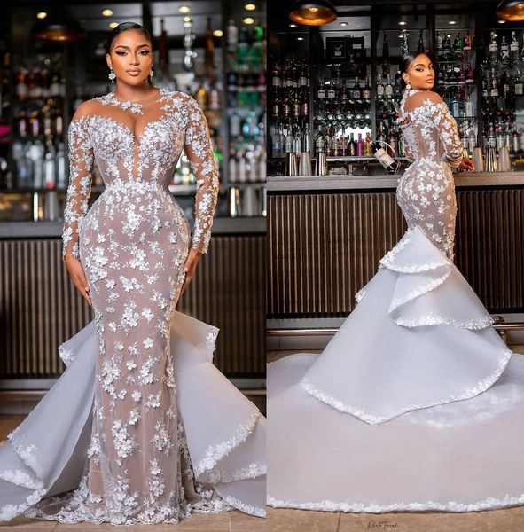 plus size mermaid wedding dresses illusion african bridal gown custom made 3d flowers wedding gowns, White
plus size mermaid wedding dresses illusion african bridal gown custom made 3d flowers wedding gowns, White