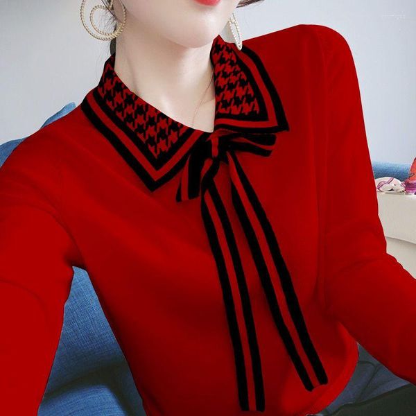 women's blouses lapel knitted houndstooth lace up bow blouse autumn commute pullovers loose korean shirt, White
women's blouses lapel knitted houndstooth lace up bow blouse autumn commute pullovers loose korean shirt, White
