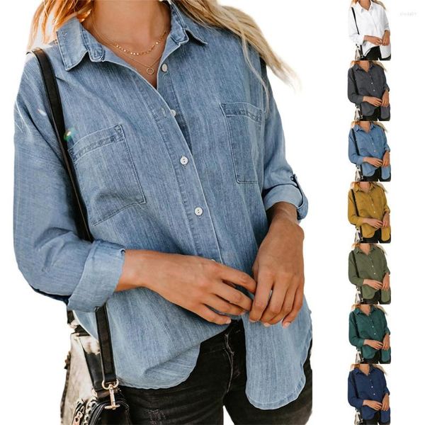 women's blouses women's denim shirt autumn loose double pocket long-sleeved solid color lapel button-up blouse, White
women's blouses women's denim shirt autumn loose double pocket long-sleeved solid color lapel button-up blouse, White