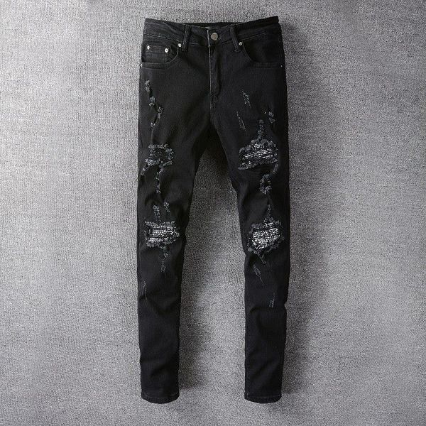 casual pencil pants mens jeans amr black streetwear button fly striped patch hole jean for men stretch slim feet pant, Blue
casual pencil pants mens jeans amr black streetwear button fly striped patch hole jean for men stretch slim feet pant, Blue