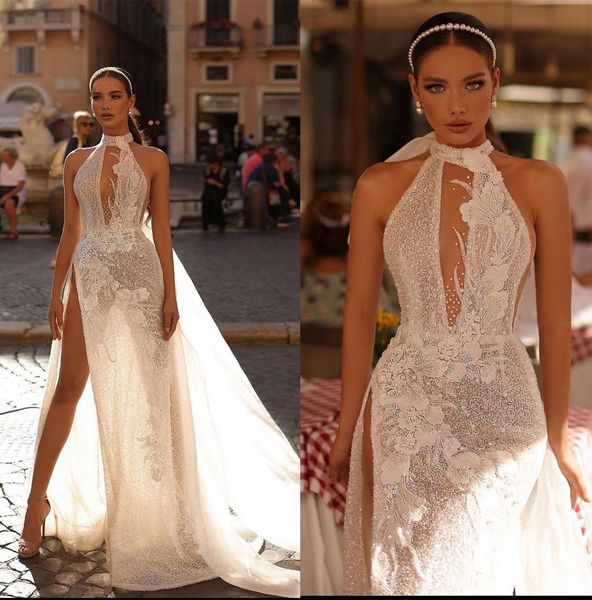 charming mermaid wedding dresses halter sleeveless bridal gown custom made lace flowers side split wedding gowns, White
charming mermaid wedding dresses halter sleeveless bridal gown custom made lace flowers side split wedding gowns, White