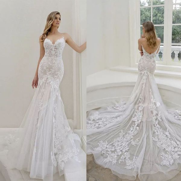 luxury illusion mermaid wedding dresses spaghetti straps bridal gowns appliques lace custom made, White
luxury illusion mermaid wedding dresses spaghetti straps bridal gowns appliques lace custom made, White