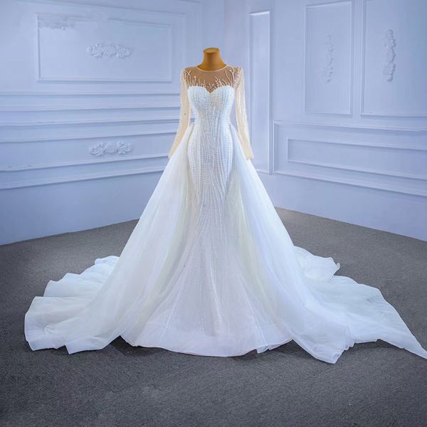 2in1 mermaid wedding dresses with detachable train 2023 illusion long sleeve gillter luxury beaded pearls lace-up bridal gowns, White
2in1 mermaid wedding dresses with detachable train 2023 illusion long sleeve gillter luxury beaded pearls lace-up bridal gowns, White
