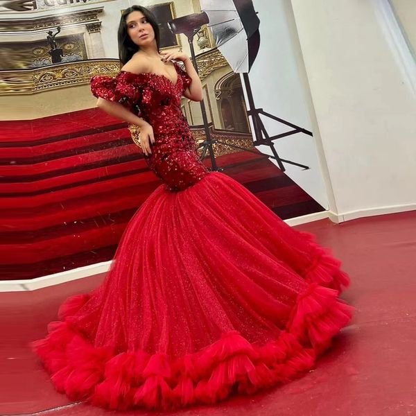 sparkly red mermaid prom dress sequined v-neck short sleeve ruffles luxury graduation evening gowns robe de mariage, Black
sparkly red mermaid prom dress sequined v-neck short sleeve ruffles luxury graduation evening gowns robe de mariage, Black