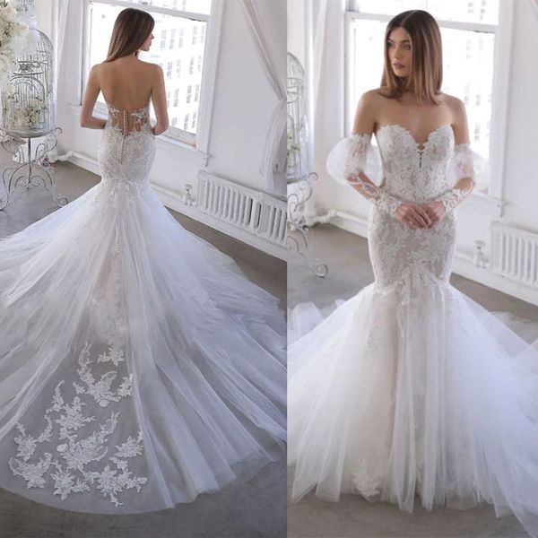 exquisite wedding dress mermaid strapless detachable 3/4 sleeve elegant bride vestido appliques lace bridal gowns, White
exquisite wedding dress mermaid strapless detachable 3/4 sleeve elegant bride vestido appliques lace bridal gowns, White