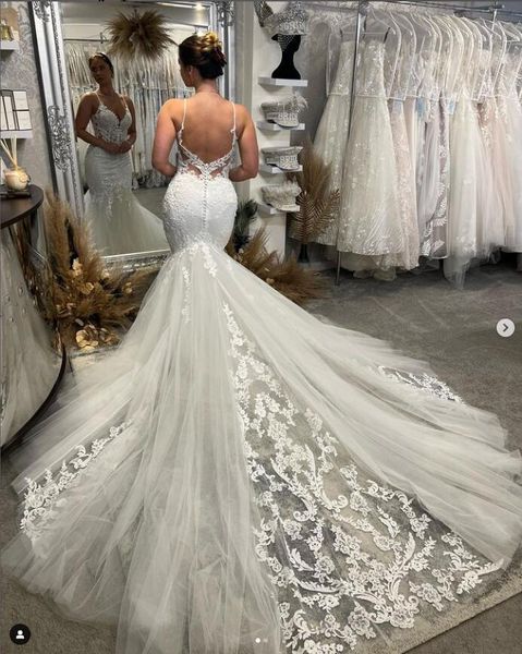 lace tulle beach mermaid wedding dresses straps applique floral backless bridal gowns vestido de novia para civil sencillo, White
lace tulle beach mermaid wedding dresses straps applique floral backless bridal gowns vestido de novia para civil sencillo, White