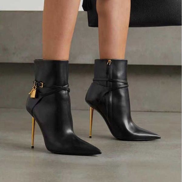 women fashion autumn and winter womens bare boots gold lock buckle zipper stiletto bootie brand design pointed toes short boots, Black
women fashion autumn and winter womens bare boots gold lock buckle zipper stiletto bootie brand design pointed toes short boots, Black