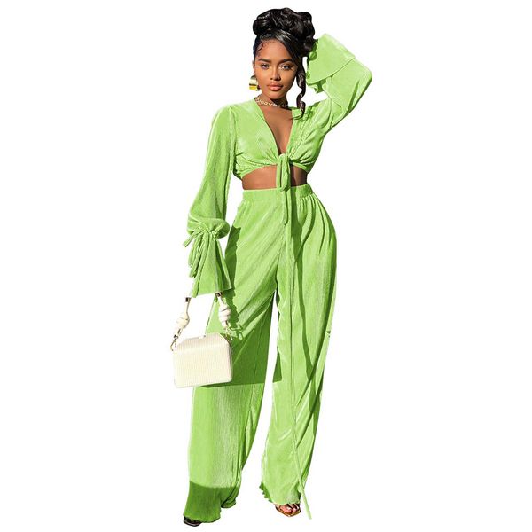 women two piece pants pleated outfits casual flare sleeve lacing crop and wide leg pants sets, White
women two piece pants pleated outfits casual flare sleeve lacing crop and wide leg pants sets, White