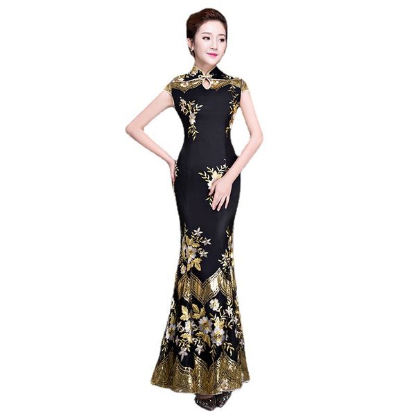 female flower embroidery formal party dress ethnic clothing black exquisite sequins trim novelty cheongsam long elegant chinese banquet gown, Red
female flower embroidery formal party dress ethnic clothing black exquisite sequins trim novelty cheongsam long elegant chinese banquet gown, Red