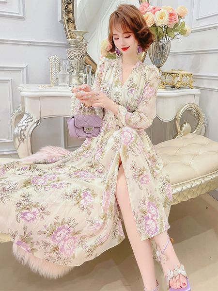 casual dresses dress floral print spring/summer 2023 new long sleeve v-neck large hem mid length skirt women's clothing, Black;gray 
casual dresses dress floral print spring/summer 2023 new long sleeve v-neck large hem mid length skirt women's clothing, Black;gray