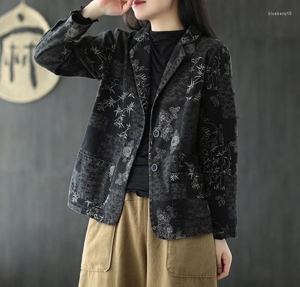 new fashion women's suits autumn cotton denim jacket for woman lapel vintage bamboo leaves printed blazers long sleeve casual outerwear, White;black
new fashion women's suits autumn cotton denim jacket for woman lapel vintage bamboo leaves printed blazers long sleeve casual outerwear, White;black