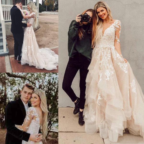 gorgeous lace appliques long sleeve a line wedding dress v neck backless tiered ruffles tulle sweep train bridal gowns, White
gorgeous lace appliques long sleeve a line wedding dress v neck backless tiered ruffles tulle sweep train bridal gowns, White