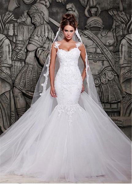 tulle & satin spaghetti straps neckline applique lace mermaid wedding dress open back wedding gown bridal dresses, White
tulle & satin spaghetti straps neckline applique lace mermaid wedding dress open back wedding gown bridal dresses, White