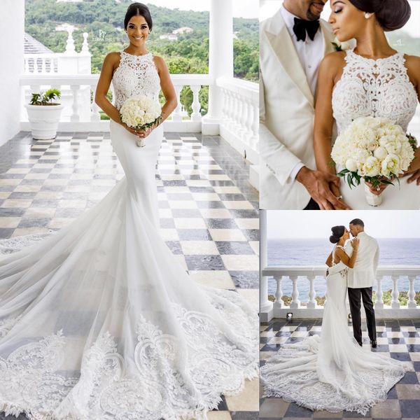 fabulous mermaid lace wedding dresses appliqued bridal gowns sheer jewel neckline sweep train tulle plus size vestido de novia, White
fabulous mermaid lace wedding dresses appliqued bridal gowns sheer jewel neckline sweep train tulle plus size vestido de novia, White