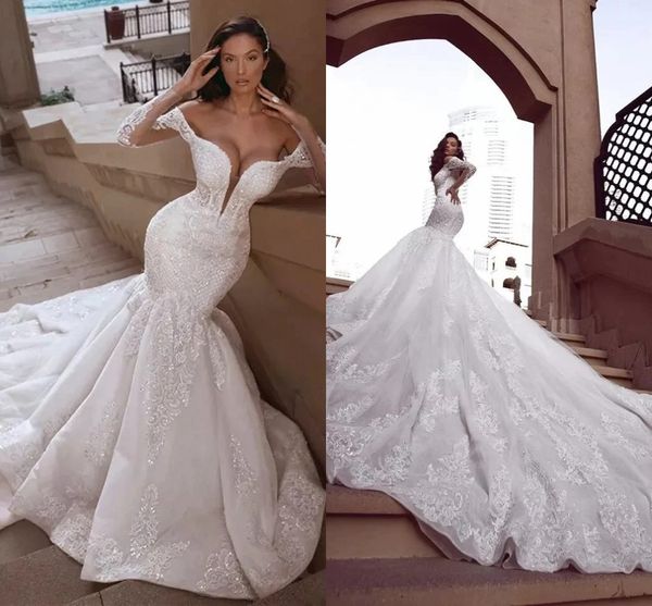 vestidos backless wedding dresses mermaid off shoulder long sleeve sheer appliques runched arabic dubai bridal gowns with beads sequins luxu, White
vestidos backless wedding dresses mermaid off shoulder long sleeve sheer appliques runched arabic dubai bridal gowns with beads sequins luxu, White