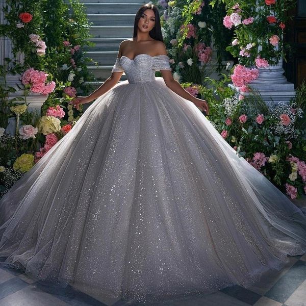sparkly sequined ball gown wedding dresses off the shoulder neckline bridal gowns pleated tulle chapel train wedding dress, White
sparkly sequined ball gown wedding dresses off the shoulder neckline bridal gowns pleated tulle chapel train wedding dress, White