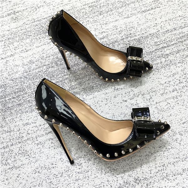 autumn new bowknot spiked high heels shoes women red bottom 12cm stiletto pointed shallow mouth rivet shoes patent leather pumps lady party, Black
autumn new bowknot spiked high heels shoes women red bottom 12cm stiletto pointed shallow mouth rivet shoes patent leather pumps lady party, Black