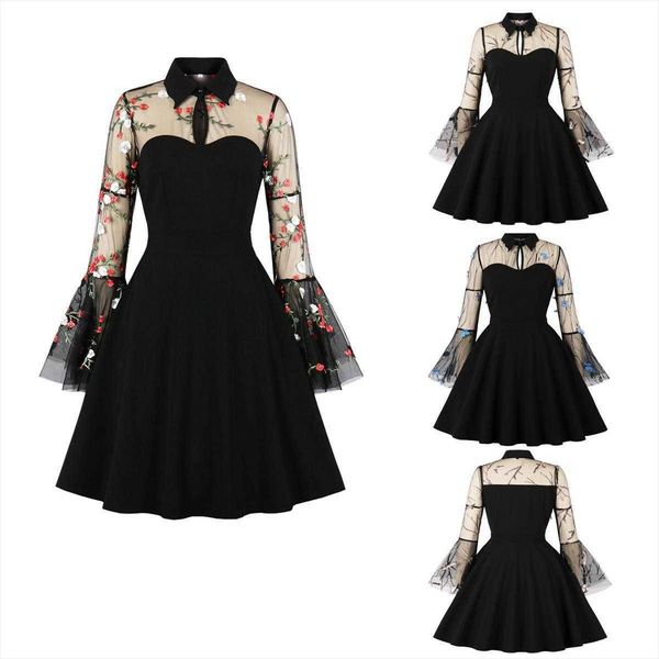 womens heavy industry dresses net yarn embroidered bell sleeve patchwork retro, Black;gray
womens heavy industry dresses net yarn embroidered bell sleeve patchwork retro, Black;gray