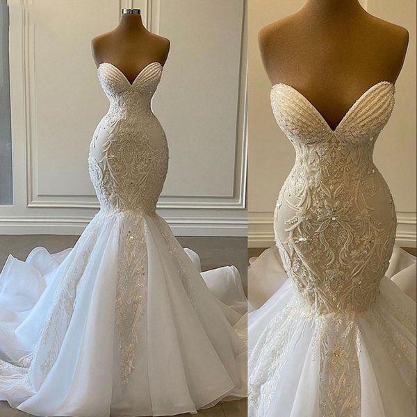2023 luxurious lace beaded mermaid wedding dresses sweetheart bridal gowns crystal beads sequin sweep train robe de mariee plus size sleevel, White
2023 luxurious lace beaded mermaid wedding dresses sweetheart bridal gowns crystal beads sequin sweep train robe de mariee plus size sleevel, White