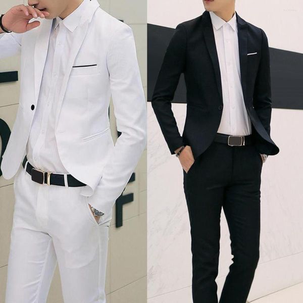men's suits 2pcs office business men solid color lapel long sleeve slim blazer pants suit, White;black
men's suits 2pcs office business men solid color lapel long sleeve slim blazer pants suit, White;black
