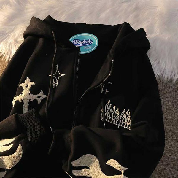women's hoodies sweatshirts american retro gothic embroidered cardigan women y2k street trend thickened couple wild zipper hoodie coats, Black
women's hoodies sweatshirts american retro gothic embroidered cardigan women y2k street trend thickened couple wild zipper hoodie coats, Black